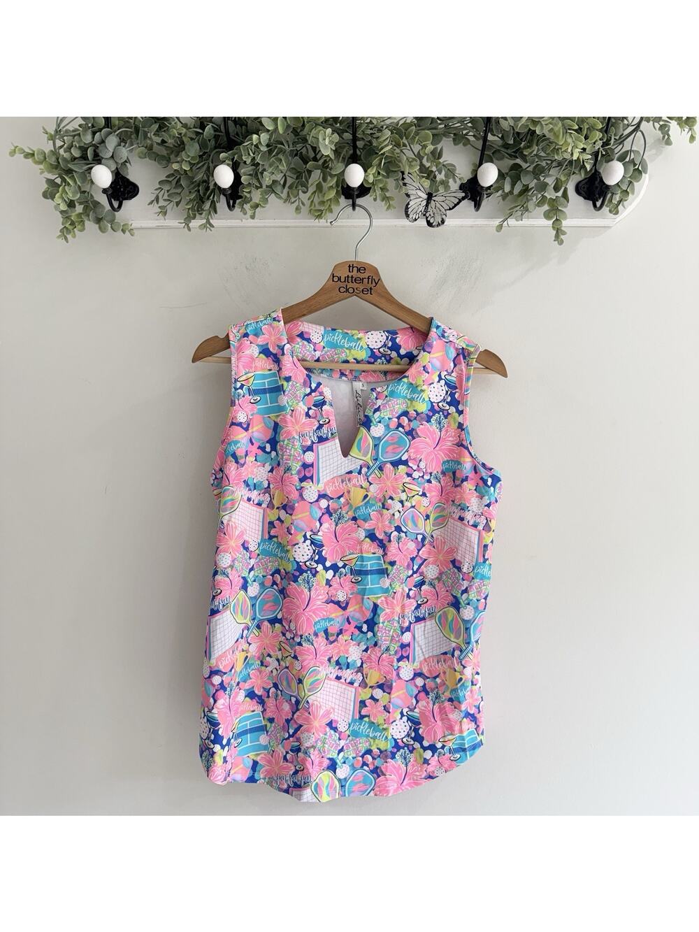 Lulu-b Pink Blue Pickleball Tank Small floral athletic golf tennis M5229